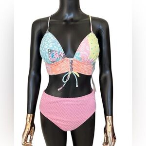 Salt + Cove Pink Multicolor Patchwork Bikini Swimsuit Set Medium